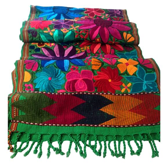 Mexican Handmade Traditional Woven Embroidered Bright Floral Table Runner 96X17 - Picture 2 of 10
